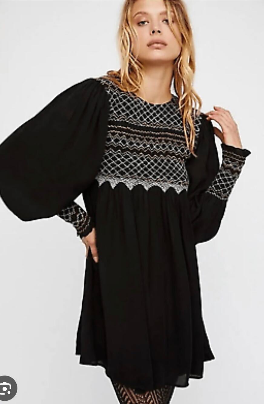 Free People Late Night Picnic Smocked Embroidered Long Sleeve Dress Sz S *Flaw*